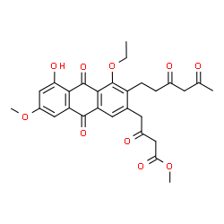 ChemSpider 2D Image | Methyl 4-[3-(3,5-dioxohexyl)-4-ethoxy-5-hydroxy-7-methoxy-9,10-dioxo-9,10-dihydro-2-anthracenyl]-3-oxobutanoate | C28H28O10