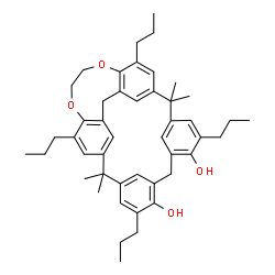 ChemSpider 2D Image | 2,2,14,14-Tetramethyl-5,11,17,24-tetrapropyl-19,22-dioxahexacyclo[13.10.5.1~3,7~.1~9,13~.0~18,29~.0~23,27~]dotriaconta-1(25),3(32),4,6,9(31),10,12,15,17,23,26,29-dodecaene-6,10-diol | C46H58O4