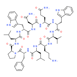 ChemSpider 2D Image | 3-[(3R,6S,9S,12S,15R,18S,21S,24R,27S,30S)-21-(2-amino-2-oxo-ethyl)-9-(3-aminopropyl)-3-benzyl-15,24-bis(1H-indol-3-ylmethyl)-6,27-diisobutyl-12-isopropyl-2,5,8,11,14,17,20,23,26,29-decaoxo-1,4,7,10,13,16,19,22,25,28-decazabicyclo[28.3.0]tritriacontan-18-yl]propanamide | C67H91N15O12