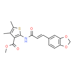 ChemSpider 2D Image | Methyl 2-{[(2E)-3-(1,3-benzodioxol-5-yl)-2-propenoyl]amino}-4,5-dimethyl-3-thiophenecarboxylate | C18H17NO5S