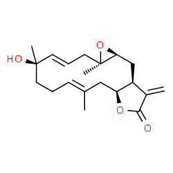 ChemSpider 2D Image | (1aR,3E,5R,8E,10aS,13aS,14aS)-5-Hydroxy-1a,5,9-trimethyl-13-methylene-2,5,6,7,10,10a,13,13a,14,14a-decahydrooxireno[4,5]cyclotetradeca[1,2-b]furan-12(1aH)-one | C20H28O4
