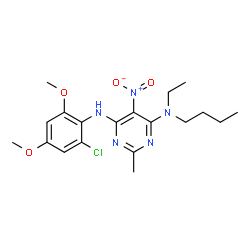 ChemSpider 2D Image | N-Butyl-N'-(2-chloro-4,6-dimethoxyphenyl)-N-ethyl-2-methyl-5-nitro-4,6-pyrimidinediamine | C19H26ClN5O4
