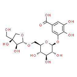 ChemSpider 2D Image | 3-({6-O-[(2S,3S,4S)-3,4-Dihydroxy-4-(hydroxymethyl)tetrahydro-2-furanyl]-beta-D-glucopyranosyl}oxy)-4,5-dihydroxybenzoic acid | C18H24O14