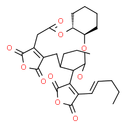 ChemSpider 2D Image | (8aR,12aR)-6-{2,5-Dioxo-4-[(1E)-1-penten-1-yl]-2,5-dihydro-3-furanyl}-5-propyl-4,5,6,8a,9,10,11,12,12a,15-decahydrofuro[3,4-d][1,10]benzodioxacyclododecine-1,3,7,14-tetrone | C28H32O10