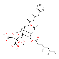 ChemSpider 2D Image | Trimethyl (1S,3S,4S,5R,6R,7R)-7-acetoxy-6-{[(4R,6S)-4,6-dimethyloctanoyl]oxy}-1-[(5S)-3,5-dimethyl-6-phenylhexyl]-4-hydroxy-2,8-dioxabicyclo[3.2.1]octane-3,4,5-tricarboxylate | C38H56O13