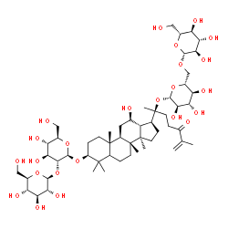 ChemSpider 2D Image | (6S)-6-[(3S,8R,9R,10R,12R,13R,14R,17S)-3-[(2R,3R,4S,5S,6R)-4,5-dihydroxy-6-(hydroxymethyl)-3-[(2R,3R,4S,5S,6R)-3,4,5-trihydroxy-6-(hydroxymethyl)tetrahydropyran-2-yl]oxy-tetrahydropyran-2-yl]oxy-12-hydroxy-4,4,8,10,14-pentamethyl-2,3,5,6,7,9,11,12,13,15,16,17-dodecahydro-1H-cyclopenta[a]phenanthren-17-yl]-2-methyl-6-[(2S,3R,4S,5S,6R)-3,4,5-trihydroxy-6-[[(2R,3R,4S,5S,6R)-3,4,5-trihydroxy-6-(hydroxymethyl)tetrahydropyran-2-yl]oxymethyl]tetrahydropyran-2-yl]oxy-hept-1-en-3-one | C54H90O24