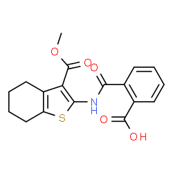 ChemSpider 2D Image | 2-{[3-(Methoxycarbonyl)-4,5,6,7-tetrahydro-1-benzothiophen-2-yl]carbamoyl}benzoic acid | C18H17NO5S