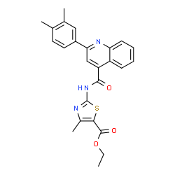 ChemSpider 2D Image | Ethyl 2-({[2-(3,4-dimethylphenyl)-4-quinolinyl]carbonyl}amino)-4-methyl-1,3-thiazole-5-carboxylate | C25H23N3O3S