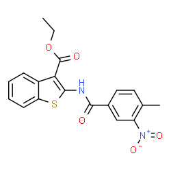 ChemSpider 2D Image | Ethyl 2-[(4-methyl-3-nitrobenzoyl)amino]-1-benzothiophene-3-carboxylate | C19H16N2O5S