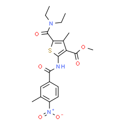 ChemSpider 2D Image | Methyl 5-(diethylcarbamoyl)-4-methyl-2-[(3-methyl-4-nitrobenzoyl)amino]-3-thiophenecarboxylate | C20H23N3O6S