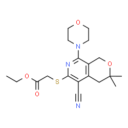 ChemSpider 2D Image | Ethyl {[5-cyano-3,3-dimethyl-8-(4-morpholinyl)-3,4-dihydro-1H-pyrano[3,4-c]pyridin-6-yl]sulfanyl}acetate | C19H25N3O4S