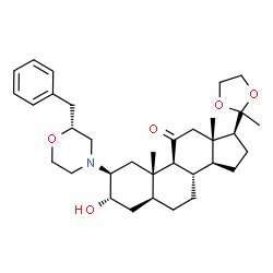 ChemSpider 2D Image | (2beta,3alpha,5alpha,17beta)-2-[(2R)-2-Benzyl-4-morpholinyl]-3-hydroxy-17-(2-methyl-1,3-dioxolan-2-yl)androstan-11-one | C34H49NO5