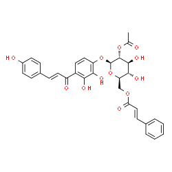 ChemSpider 2D Image | 2,3-Dihydroxy-4-[(2E)-3-(4-hydroxyphenyl)-2-propenoyl]phenyl 2-O-acetyl-6-O-[(2E)-3-phenyl-2-propenoyl]-beta-D-glucopyranoside | C32H30O12
