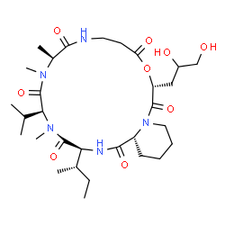 ChemSpider 2D Image | (3S,6S,9S,16R,22aR)-3-[(2S)-2-Butanyl]-16-(2,3-dihydroxypropyl)-6-isopropyl-5,8,9-trimethyldecahydro-2H-pyrido[1,2-d][1,4,7,10,13,16]oxapentaazacyclononadecine-1,4,7,10,14,17(3H,11H,16H,19H)-hexone | C30H51N5O9