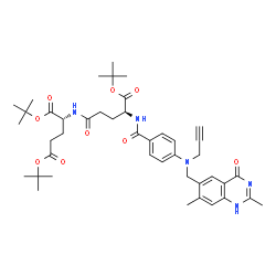 ChemSpider 2D Image | Bis(2-methyl-2-propanyl) (2R)-2-({(4S)-4-[(4-{[(2,7-dimethyl-4-oxo-1,4-dihydro-6-quinazolinyl)methyl](2-propyn-1-yl)amino}benzoyl)amino]-5-[(2-methyl-2-propanyl)oxy]-5-oxopentanoyl}amino)pentanedioate | C43H57N5O9