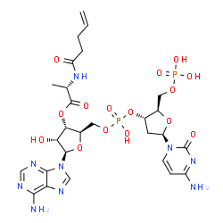 ChemSpider 2D Image | (2R,3S,4R,5R)-2-({[({(2R,3S,5R)-5-(4-Amino-2-oxo-1(2H)-pyrimidinyl)-2-[(phosphonooxy)methyl]tetrahydro-3-furanyl}oxy)(hydroxy)phosphoryl]oxy}methyl)-5-(6-amino-9H-purin-9-yl)-4-hydroxytetrahydro-3-fur
anyl (2S)-2-(4-pentenoylamino)propanoate | C27H37N9O15P2
