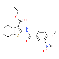ChemSpider 2D Image | Ethyl 2-[(4-methoxy-3-nitrobenzoyl)amino]-4,5,6,7-tetrahydro-1-benzothiophene-3-carboxylate | C19H20N2O6S