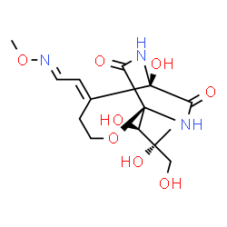 ChemSpider 2D Image | (1S,5E,6R)-6-Hydroxy-5-[(2E)-2-(methoxyimino)ethylidene]-1-[(1R,2R)-1,2,3-trihydroxy-2-methylpropyl]-2-oxa-7,9-diazabicyclo[4.2.2]decane-8,10-dione | C14H21N3O8