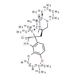 ChemSpider 2D Image | (1S,8S,10S,12S)-14-Methyl-4',4',11,11-tetrakis[(~13~C)methyl](2',3',4,4',5,6,7,8,9,10,11,15-~13~C_12_)-4'H,15H-spiro[3,14-diazatetracyclo[6.5.2.0~1,10~.0~3,8~]pentadecane-12,8'-[1,4]dioxepino[2,3-g]in
dole]-9',15(10'H)-dione | C1213C16H35N3O4