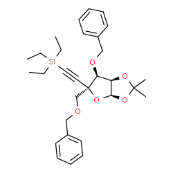 ChemSpider 2D Image | 3-O-Benzyl-4-[(benzyloxy)methyl]-5,6-dideoxy-1,2-O-isopropylidene-6-(triethylsilyl)-beta-L-lyxo-hex-5-ynofuranose | C30H40O5Si