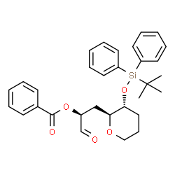 ChemSpider 2D Image | (2S)-1-[(2S,3R)-3-{[(2-Methyl-2-propanyl)(diphenyl)silyl]oxy}tetrahydro-2H-pyran-2-yl]-3-oxo-2-propanyl benzoate | C31H36O5Si