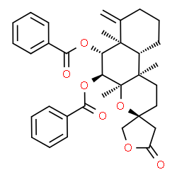 ChemSpider 2D Image | (3S,4aR,5S,6R,6aR,10aS,10bR)-4a,6a,10b-Trimethyl-7-methylene-5'-oxotetradecahydrospiro[benzo[f]chromene-3,3'-furan]-5,6-diyl dibenzoate | C34H38O7