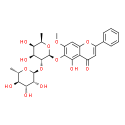ChemSpider 2D Image | 5-Hydroxy-7-methoxy-4-oxo-2-phenyl-4H-chromen-6-yl 6-deoxy-2-O-(6-deoxy-alpha-L-mannopyranosyl)-beta-D-galactopyranoside | C28H32O13