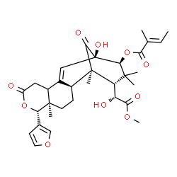 ChemSpider 2D Image | (1R,2S,5R,6R,13R,14S,16S)-6-(3-Furyl)-13-hydroxy-16-[(1R)-1-hydroxy-2-methoxy-2-oxoethyl]-1,5,15,15-tetramethyl-8,17-dioxo-7-oxatetracyclo[11.3.1.0~2,11~.0~5,10~]heptadec-11-en-14-yl (2E)-2-methyl-2-b
utenoate | C32H40O10