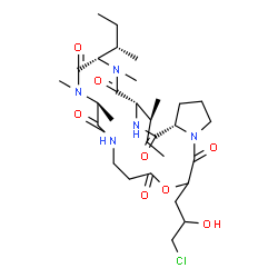 ChemSpider 2D Image | (3S,6S,9S,21aS)-3,6-Di[(2S)-2-butanyl]-16-(3-chloro-2-hydroxypropyl)-5,8,9-trimethyldodecahydropyrrolo[1,2-d][1,4,7,10,13,16]oxapentaazacyclononadecine-1,4,7,10,14,17(11H,16H)-hexone | C30H50ClN5O8