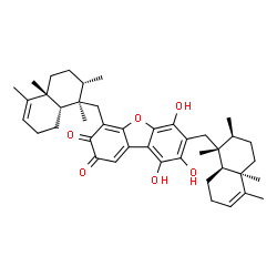 ChemSpider 2D Image | 6,8,9-Trihydroxy-4,7-bis{[(1R,2S,4aR,8aS)-1,2,4a,5-tetramethyl-1,2,3,4,4a,7,8,8a-octahydro-1-naphthalenyl]methyl}dibenzo[b,d]furan-2,3-dione | C42H54O6