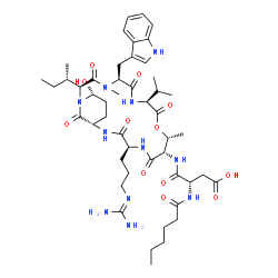 ChemSpider 2D Image | N-[(2S,5S,8S,11R,12S,15S,18S,21R)-2-[(2S)-Butan-2-yl]-15-(3-carbamimidamidopropyl)-21-hydroxy-5-(1H-indol-3-ylmethyl)-8-isopropyl-4,11-dimethyl-3,6,9,13,16,22-hexaoxo-10-oxa-1,4,7,14,17-pentaazabicyclo[16.3.1]docos-12-yl]-N~2~-hexanoyl-L-alpha-asparagine | C48H73N11O12