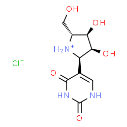 ChemSpider 2D Image | (2R,3S,4R,5R)-2-(2,4-Dioxo-1,2,3,4-tetrahydro-5-pyrimidinyl)-3,4-dihydroxy-5-(hydroxymethyl)pyrrolidinium chloride | C9H14ClN3O5