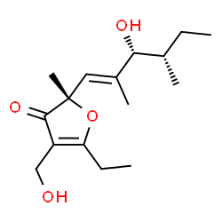 ChemSpider 2D Image | (2S)-5-Ethyl-2-[(1E,3R,4S)-3-hydroxy-2,4-dimethyl-1-hexen-1-yl]-4-(hydroxymethyl)-2-methyl-3(2H)-furanone | C16H26O4