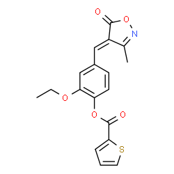 ChemSpider 2D Image | 2-Ethoxy-4-[(E)-(3-methyl-5-oxo-1,2-oxazol-4(5H)-ylidene)methyl]phenyl 2-thiophenecarboxylate | C18H15NO5S
