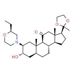 ChemSpider 2D Image | (2beta,3alpha,5alpha,17beta)-2-[(2S)-2-Ethyl-4-morpholinyl]-3-hydroxy-17-(2-methyl-1,3-dioxolan-2-yl)androstan-11-one | C29H47NO5