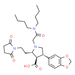 ChemSpider 2D Image | (2S,3R,4S)-4-(1,3-Benzodioxol-5-yl)-1-[2-(dibutylamino)-2-oxoethyl]-2-[2-(2,5-dioxo-1-pyrrolidinyl)ethyl]-3-pyrrolidinecarboxylic acid | C28H39N3O7