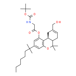 ChemSpider 2D Image | (10aS)-9-(Hydroxymethyl)-6,6-dimethyl-3-(2-methyl-2-octanyl)-6a,7,10,10a-tetrahydro-6H-benzo[c]chromen-1-yl N-{[(2-methyl-2-propanyl)oxy]carbonyl}glycinate | C32H49NO6