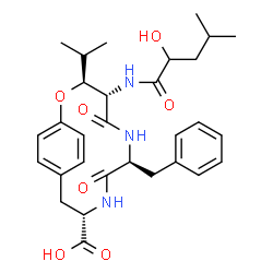ChemSpider 2D Image | (3S,4S,7S,10S)-7-Benzyl-4-[(2-hydroxy-4-methylpentanoyl)amino]-3-isopropyl-5,8-dioxo-2-oxa-6,9-diazabicyclo[10.2.2]hexadeca-1(14),12,15-triene-10-carboxylic acid | C30H39N3O7