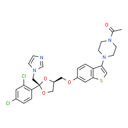 ChemSpider 2D Image | 1-[4-(6-{[(2R,4S)-2-(2,4-Dichlorophenyl)-2-(1H-imidazol-1-ylmethyl)-1,3-dioxolan-4-yl]methoxy}-1-benzothiophen-3-yl)-1-piperazinyl]ethanone | C28H28Cl2N4O4S