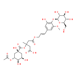 ChemSpider 2D Image | (3S)-3-({[(1S,3R,4R,5R)-3-Acetoxy-1,4,5-trihydroxycyclohexyl]carbonyl}oxy)-5-({(2E)-3-[4-(beta-D-glucopyranosyloxy)-3-hydroxy-5-methoxyphenyl]-2-propen-1-yl}oxy)-3-methyl-5-oxopentanoic acid | C31H42O19