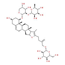 ChemSpider 2D Image | (1beta,3beta,16xi,17xi)-1-{[2-O-(6-Deoxy-alpha-L-mannopyranosyl)-alpha-L-arabinopyranosyl]oxy}-3-hydroxyfurosta-5,20(22),25-trien-27-yl beta-D-glucopyranoside | C44H68O17
