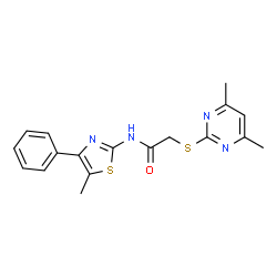 ChemSpider 2D Image | 2-[(4,6-Dimethyl-2-pyrimidinyl)sulfanyl]-N-(5-methyl-4-phenyl-1,3-thiazol-2-yl)acetamide | C18H18N4OS2