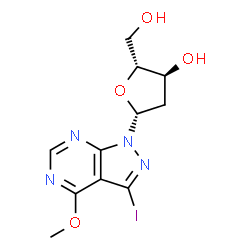 ChemSpider 2D Image | 1-(2-Deoxy-beta-D-erythro-pentofuranosyl)-3-iodo-4-methoxy-1H-pyrazolo[3,4-d]pyrimidine | C11H13IN4O4
