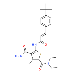 ChemSpider 2D Image | N~2~,N~2~-Diethyl-3-methyl-5-({(2E)-3-[4-(2-methyl-2-propanyl)phenyl]-2-propenoyl}amino)-2,4-thiophenedicarboxamide | C24H31N3O3S