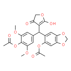 ChemSpider 2D Image | 4-[(6-Acetoxy-1,3-benzodioxol-5-yl)(2-hydroxy-4-oxo-4,5-dihydro-3-furanyl)methyl]-2,6-dimethoxyphenyl acetate | C24H22O11