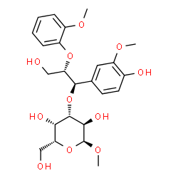 ChemSpider 2D Image | Methyl 3-O-[(1R,2S)-3-hydroxy-1-(4-hydroxy-3-methoxyphenyl)-2-(2-methoxyphenoxy)propyl]-alpha-D-galactopyranoside | C24H32O11