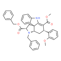 ChemSpider 2D Image | 2-Benzyl 6-methyl (2S,3aS,5S,11bR)-3-benzyl-5-(2-methoxyphenyl)-2,3,3a,4,5,7-hexahydro-1H-pyrrolo[2,3-d]carbazole-2,6-dicarboxylate | C38H36N2O5
