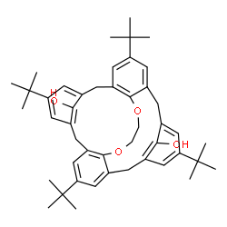 ChemSpider 2D Image | 5,11,17,23-Tetrakis(2-methyl-2-propanyl)-26,29-dioxahexacyclo[11.11.6.1~3,7~.1~15,19~.0~9,30~.0~21,25~]dotriaconta-1(25),3(32),4,6,9(30),10,12,15(31),16,18,21,23-dodecaene-31,32-diol | C46H58O4