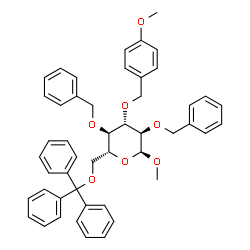 ChemSpider 2D Image | Methyl 2,4-di-O-benzyl-3-O-(4-methoxybenzyl)-6-O-trityl-alpha-D-glucopyranoside | C48H48O7