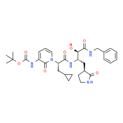 ChemSpider 2D Image | 2-Methyl-2-propanyl {1-[(2S)-1-({(2S,3R)-4-(benzylamino)-3-hydroxy-4-oxo-1-[(3S)-2-oxo-3-pyrrolidinyl]-2-butanyl}amino)-3-cyclopropyl-1-oxo-2-propanyl]-2-oxo-1,2-dihydro-3-pyridinyl}carbamate | C31H41N5O7